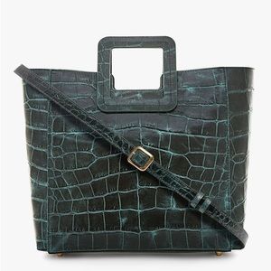 STAUD Croc-Embossed Teal Green Leather Tote with Adjustable Strap